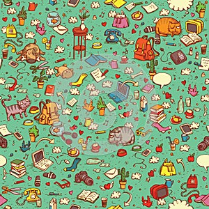 Technological Everyday Objects seamless pattern in colors