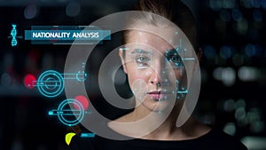 Technological face scan system analysing biometrical data check close up