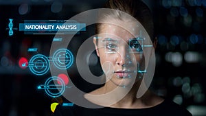 Technological face scan system analysing biometrical data check close up photo