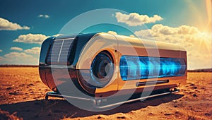 technological gadget, solar inverter with a shiny metal case lies on the sand in the desert