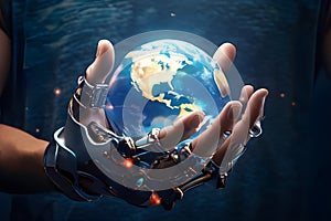 Technological Guardianship: Robot Hand Embracing the Globe