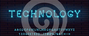 Technological hi tech style blue neon font set