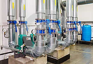 Technological industrial boiler unit with piping and pumps