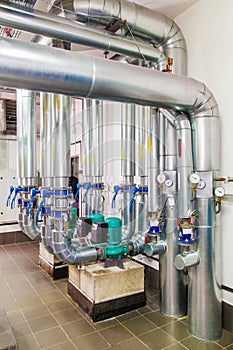 Technological industrial boiler unit with piping and pumps