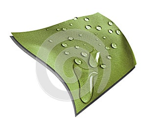 Technological khaki waterproof and breathable fabric with raindrops on a white background