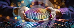 Technological marvel in hands showcasing a semiconductor. A person presents a colorful microchip wafer, symbolizing photo