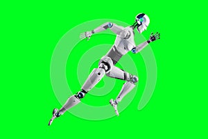 Technological modern robot, full body, in running pose on green background. Neural networks and artificial intelligence,