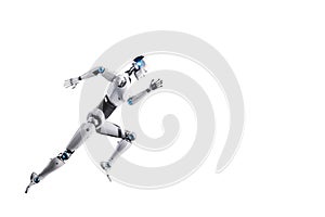 Technological modern robot, full body, in running pose on white background. Neural networks and artificial intelligence,