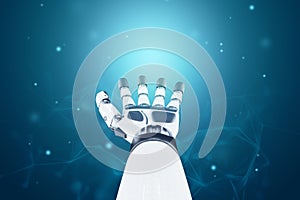 Technological robot shows its hand with palm up. Neural networks and Artificial Intelligence, scientific background, AI analyzing