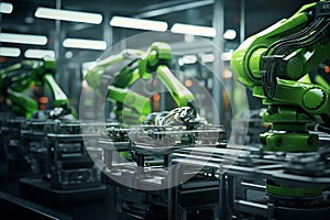 Technological robotic automatic arms machine work on assembly line automobile production in industrial intelligent