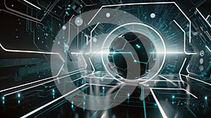 A technological room of the future, with a glowing sphere.