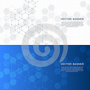 Technological and scientific banners with hexagonal molecule dna. Polygonal abstract background. Science, technology or