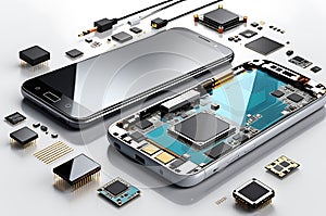 Technological Unveiling: Smartphone Disassembled Components Spread Out Geometrically on a White Surface, Wires and Circuitry