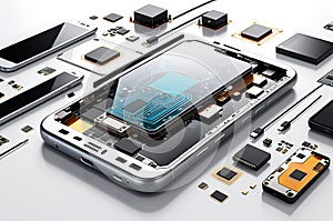 Technological Unveiling: Smartphone Disassembled Components Spread Out Geometrically on a White Surface, Wires and Circuitry