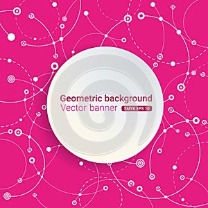 Technological vector background with a round banner for text. The intersection of circles, dots and lines. The chaotic motion