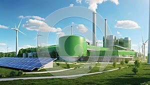 Technologically advanced factory that uses renewable resources surrounded by wind turbines and solar panels