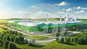 Technologically advanced factory that uses renewable resources surrounded by wind turbines and solar panels