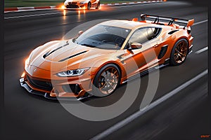 Technologically Advanced Orange Sports Cars in Speeding on the Race Track. AI generated