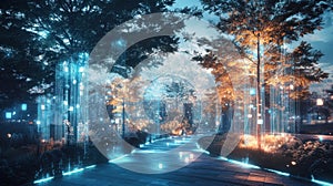 A technologically advanced park where holographic trees respond to touch displaying information about flora while photo