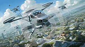 In this technologically advanced world air taxis are the main mode of transportation for suburban dwellers gliding photo