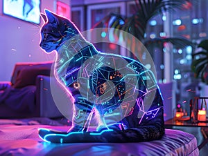 Technologically Augmented Cat Posed in a Vibrant Modernist Smart Home Setting with Glowing Neon Components photo
