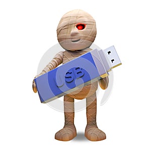 Technologically minded Egyptian mummy monster keeps data on a USB thumb drive, 3d illustration