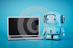 technologies of artificial intelligence. A small blue robot next to a laptop on a blue background. 3D render