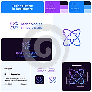 Technologies in healthcare with atom and puzzle logo