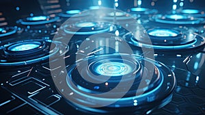 Technology abstract background with hud styled round interface elements in neon tech light.