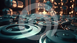 Technology abstract background with hud styled round interface elements in neon tech light.