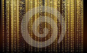 Technology abstract background, matrix style, gold color, falling numbers. Digital data flow dust on screen. Programming