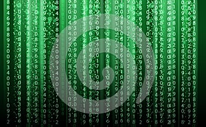 Technology abstract background, matrix style, green color, falling numbers. Digital binary data flow dust on screen