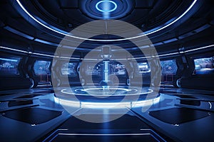 Technology abstract blue hi-tech stage display background, empty space scene, spaceship, dark night, virtual reality, futuristic