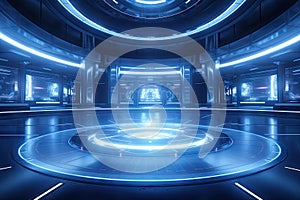 Technology abstract blue hi-tech stage display background, empty space scene, spaceship, dark night, virtual reality, futuristic