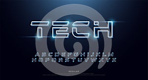 Technology abstract neon font and alphabet. techno effect logo designs. Typography digital space concept. vector illustration photo