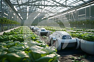 Technology in agriculture - robot collecting vegetables in greenhouse