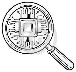 Technology Analysis Magnifying Glass Inspecting Computer Microchip