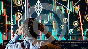 Technology analyst reviewing company data and digital dashboards in a modern high-tech workspace