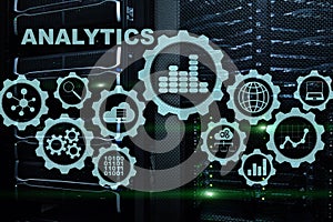 Technology Analytics concept on virtual screen. Big data with graph icons on a digital screen interface and a server