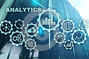 Technology Analytics concept on virtual screen. Big data with graph icons on a digital screen interface and a server