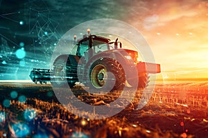 Technology in argiculture concept - modern tractor in the field with neural network