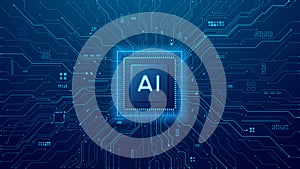 Technology background. AI chip on digital circuit board