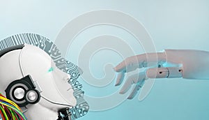 Technology Background. Ai and Robot and Hand for network connection future interface and Artificial intelligence technology