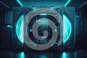 Technology Background Blue Glow Light, Abstract Digital Graphic Design Wallpaper. CPU or GPU Motherboard Chip Generative