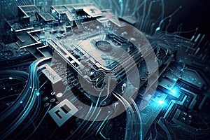 Technology Background Blue Glow Light, Abstract Digital Graphic Design Wallpaper. CPU or GPU Motherboard Chip Generative