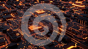 Technology background concept featuring a 3D view of an electronic circuit board with microchips and processors