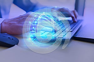 Technology background cyber security - Data security systems computer with locked padlock for protect crime by an anonymous hacker