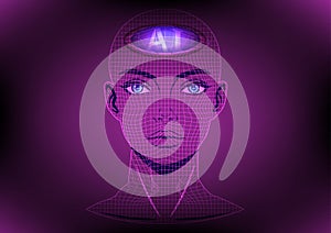 Technology Background Futuristic AI face with digital grid and neural interface