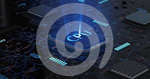 Technology background. A glowing CPU on a motherboard. 3D illustration render