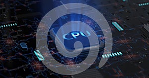 Technology background. A glowing CPU on a motherboard. 3D illustration render